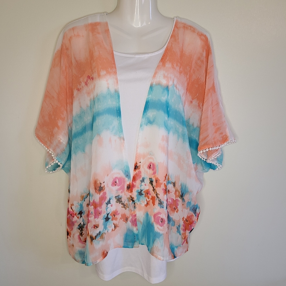 Coral & Turquoise Shawl/Cardigan, S/M